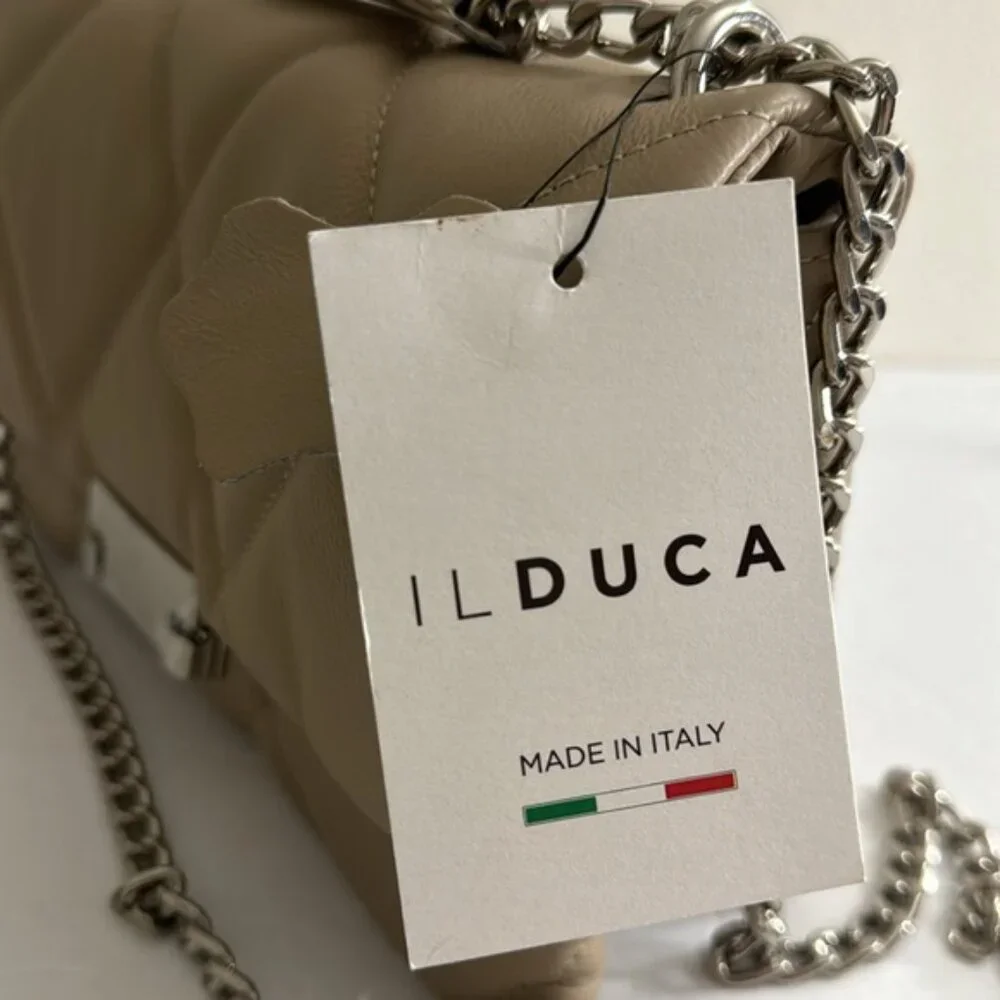 Il Duca Itlay Genuine Leather Quilted Convert Flap Handbag Taupe